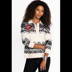 NWT Johnny Was The Fairisle Polo Sweater Wool/Cashmere Ecru Large